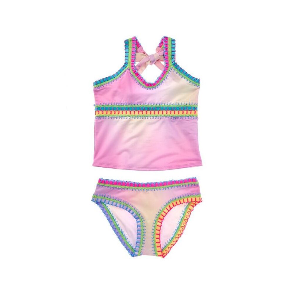 PQ Swim Girls Pink Pastel Tankini Set with Rainbow Trim